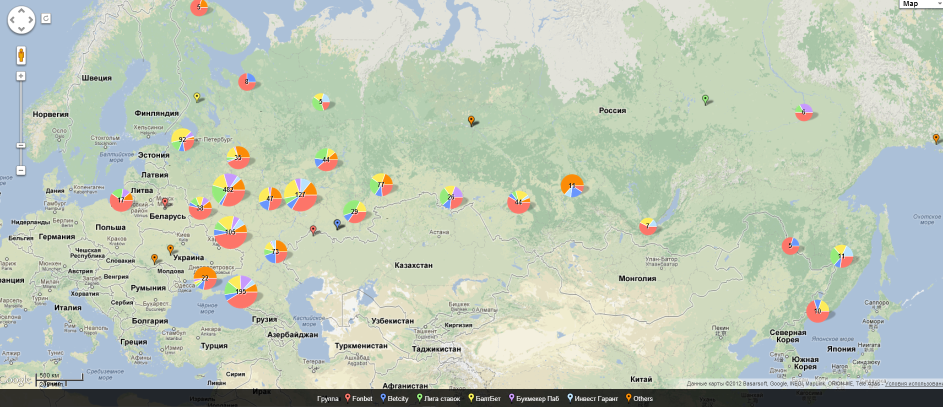 Букмекерский бизнес. Распределение ППС по регионам РФ на карте